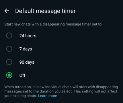 default setting of disappearing message