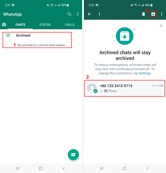 unarchive individual or group whatsapp chats on android