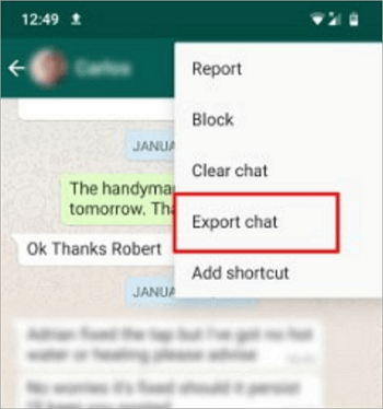 export whatsapp chat using built in tool